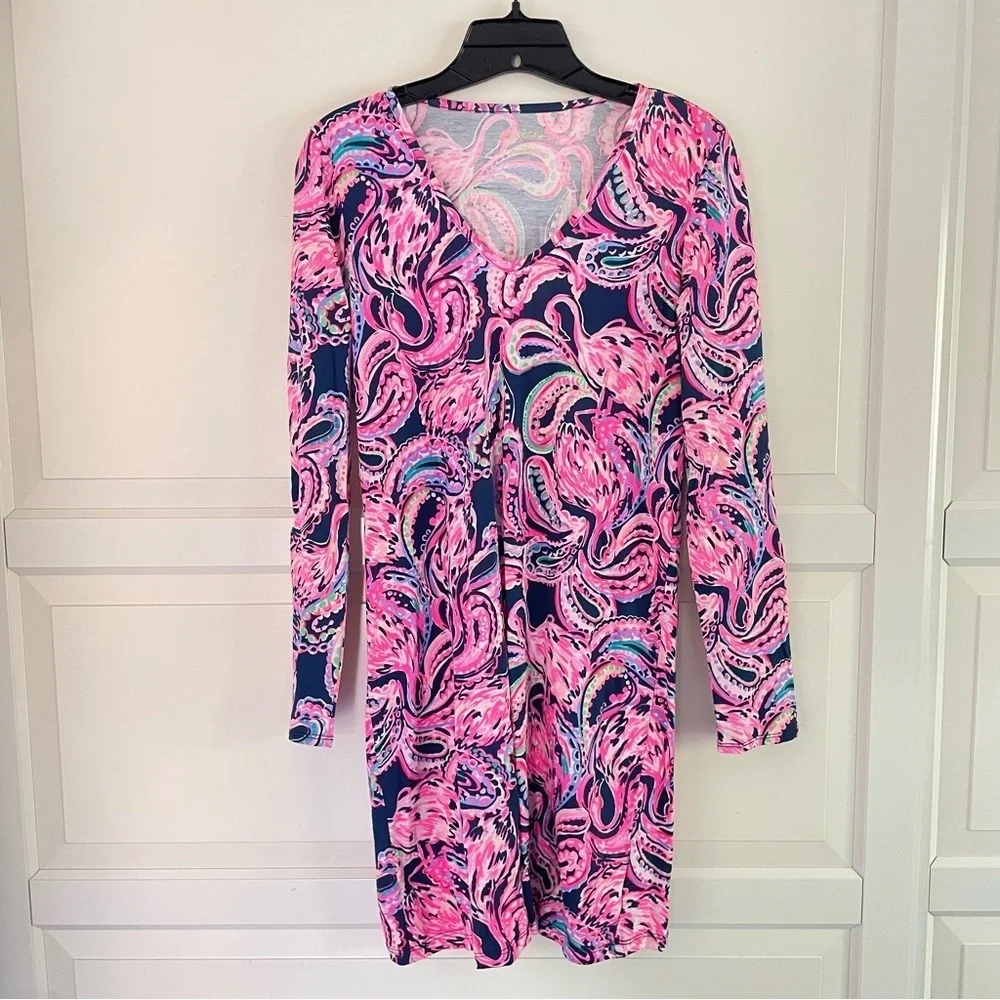 Lilly Pulitzer Etta t-shirt dress flock to the top pink flamingo 26409